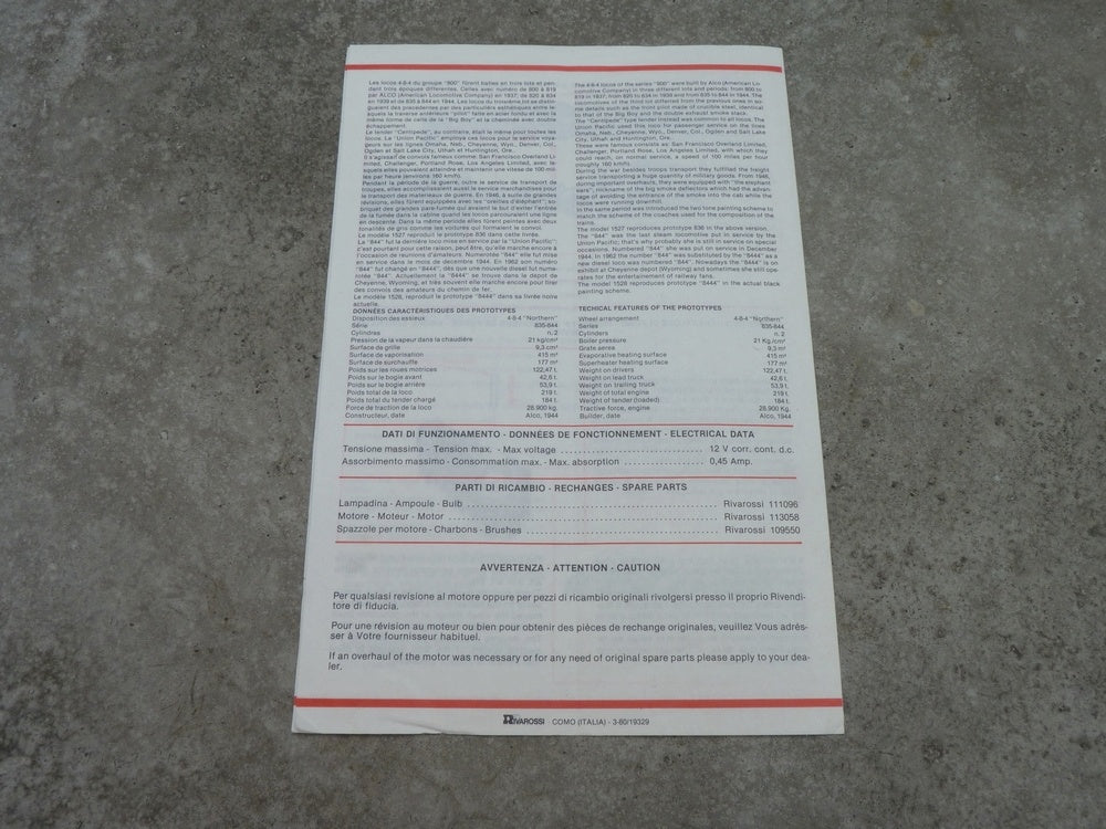 RIVAROSSI 1527-1528 Notice pour locomotive vapeur 4-8-4  NORTHERN UNION PACIFIC