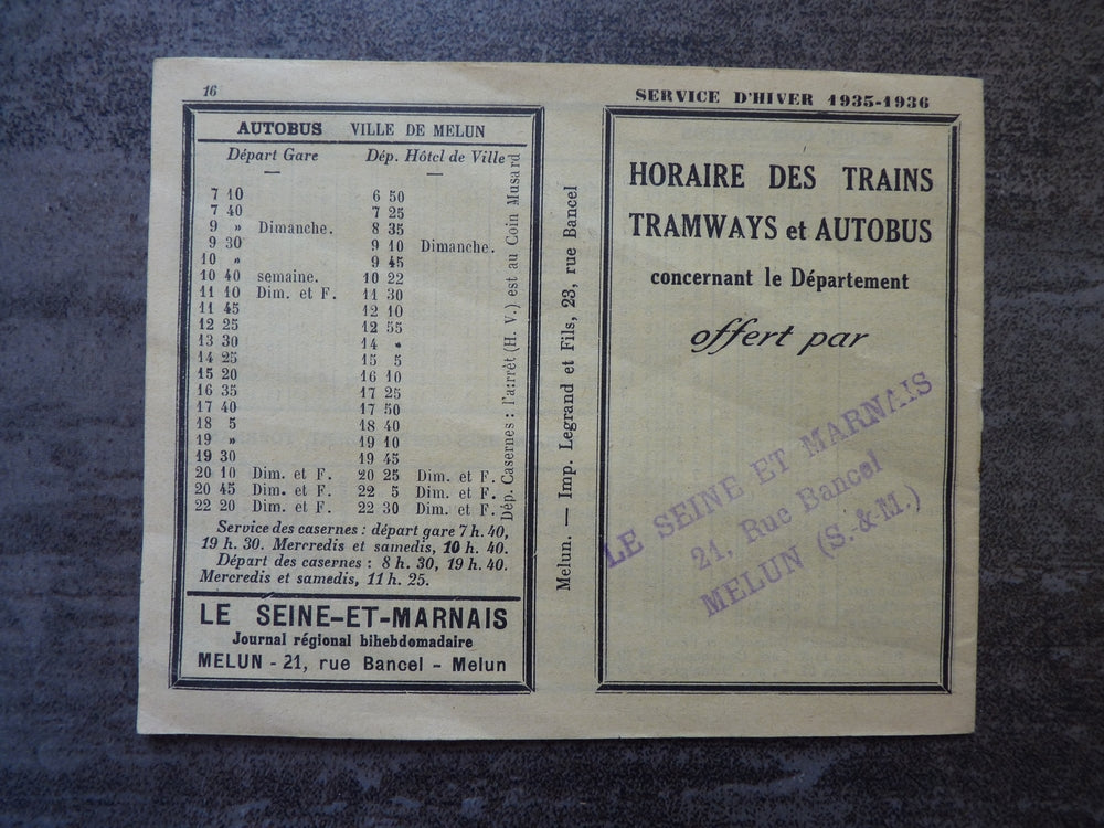 Horaire des trains, Tramways et Autobus concernant le département - Seine et Marne- 1935