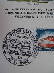 Carte ferroviaire 1er jour 12e Congrès Philatélique Régional et 11e anniversaire du Jumelage St Etienne Villanueva y Geltru