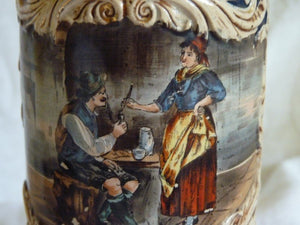Chope à bière allemande ancienne décor fumeur de pipe - Bierkrug -