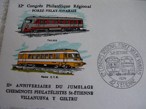 Enveloppe ferroviaire 1er jour 12ème Congrès Philatélique Régional et 11e anniversaire St Etienne Villanueva y Geltru