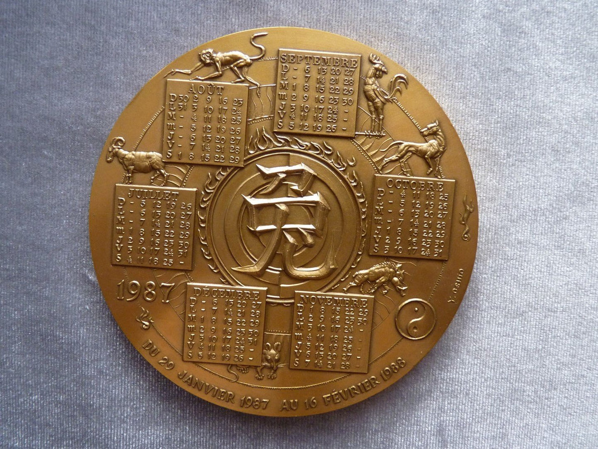 Médaille bronze calendrier chinois année du LIEVRE 1987 Antique MarcBea Calendrier Chinois 1987