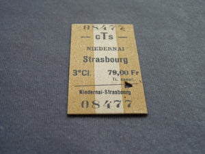 CTS - Ticket ancien STRASBOURG NIEDERNAI de 3éme Classe de 1952