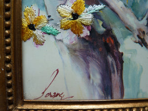 Dessin brodé encadré "oiseaux sur branches en fleurs" milieu XXème siècle