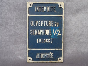 Plaque de levier de poste d'aiguillage - SNCF - "Ouverture du Sémaphore V2 (Block)"