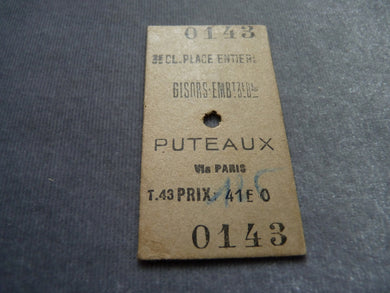 Ancien ticket train GISORS PUTEAUX 3ème classe 1947