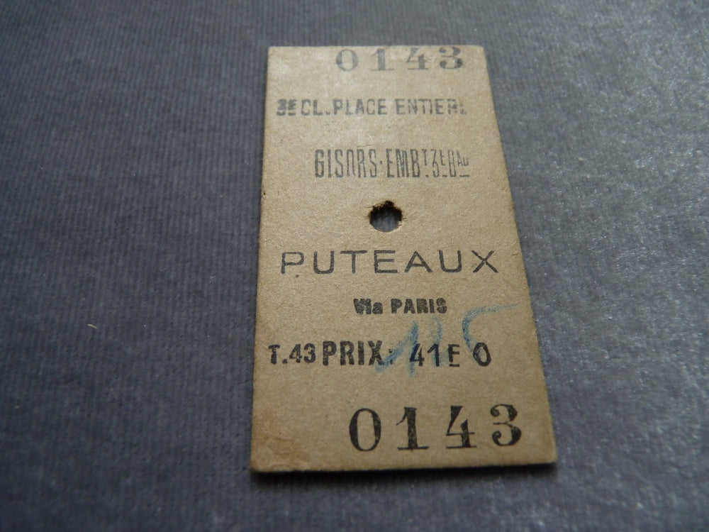 Ancien ticket train GISORS PUTEAUX 3ème classe 1947